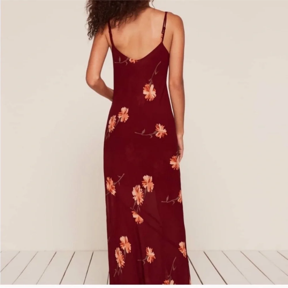 Reformation Santiago Floral Boho Dress Auburn Drape Neck Dramatic Slit Size XS - Picture 2 of 15